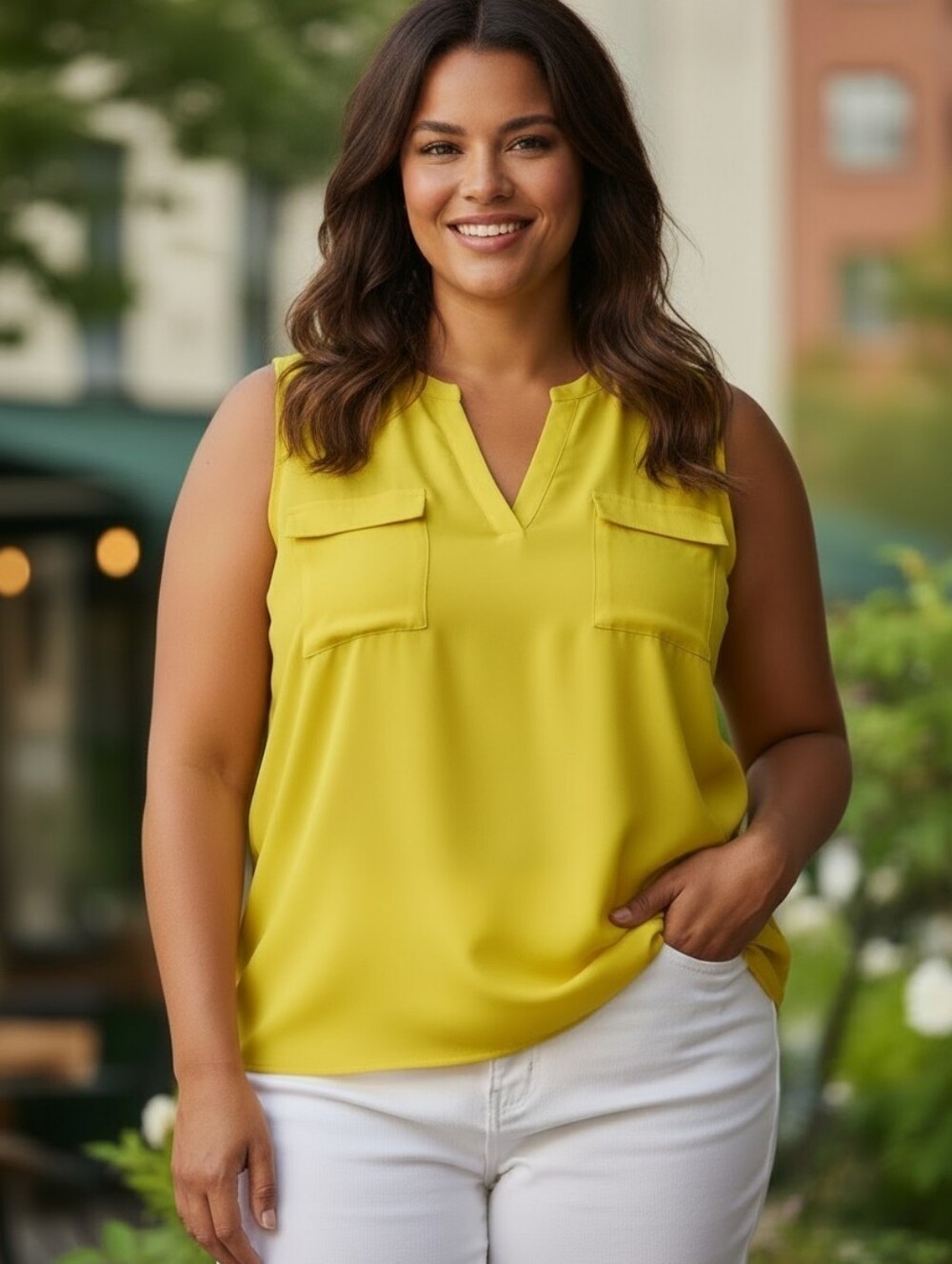 Worthington Vibrant Chartreuse Semi Sheer Yellow Sleeveless Blouse - Picture 1 of 6